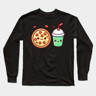Kawaii Cute Food Illustration of a Pizza and a Milkshake | Cute Kawaii Art Design Long Sleeve T-Shirt